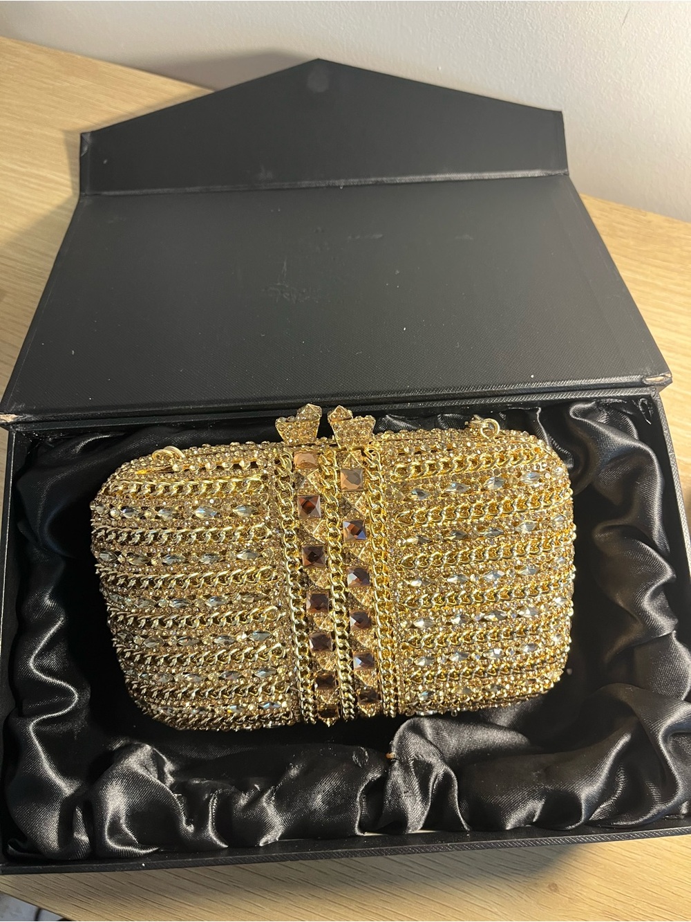 NWOT Fawziya Gold Crystal-Embellished Evening Clutch